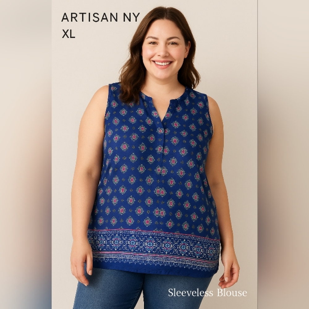 Artisan Ny Women's Blue Floral Sleeveless Top Rayon Size XL